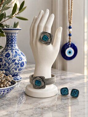 Turkish Handmade Jewelry Set Ring Cuff Earrings Teal Blue Silver Tone Adj 7-9